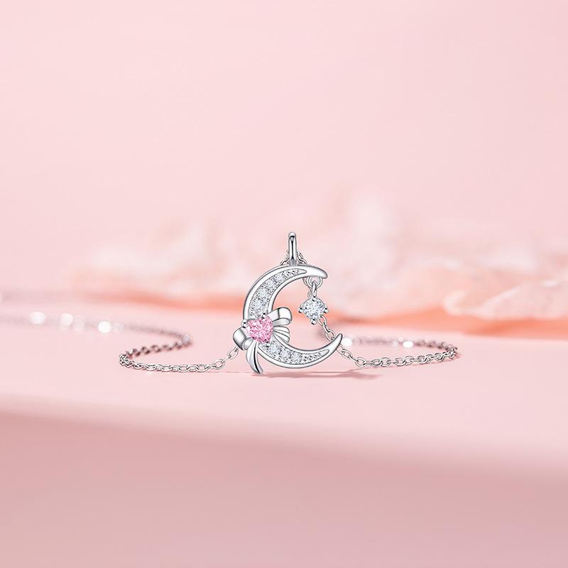 Heart Moon Necklace Women's Light Luxury Niche Pink Love Bow Stainless Steel Clavicle Chain