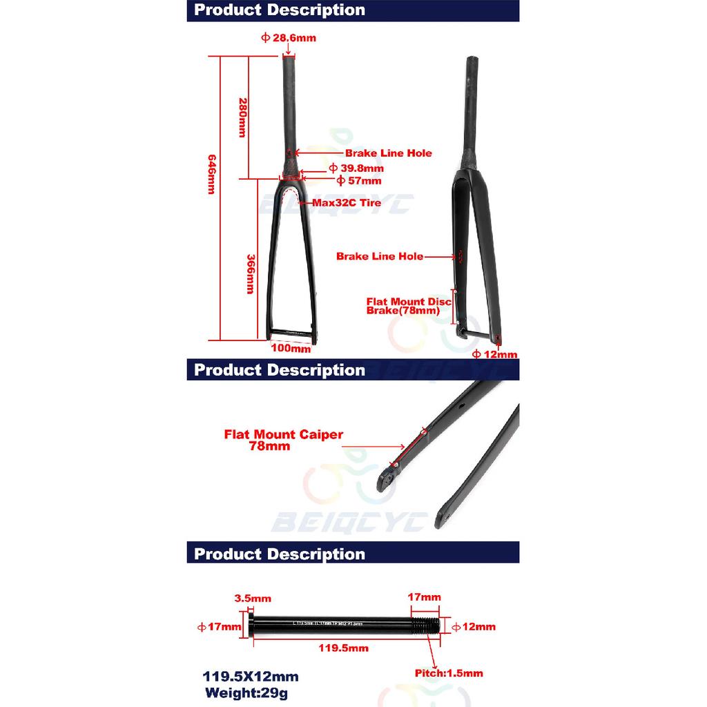 Carbon Internal Cables Fiber Road Front Fork Thru Axle Disc Brake Racing Road Fork 700*32C Tapered Tube Cyclocross Rigid Fork