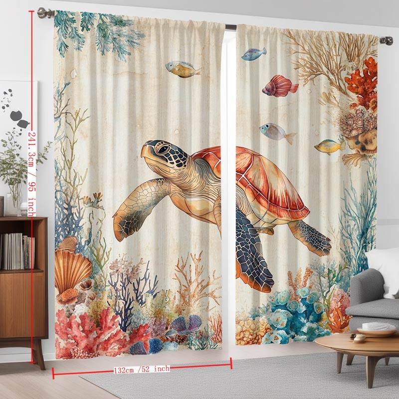 Ocean Turtle Coral Curtains Set of 2 Rod Pocket Semi Sheer for Living Room Bedroom Kids Room Decor