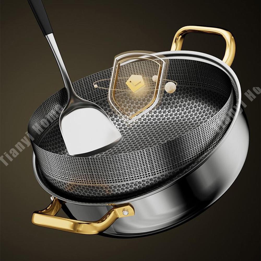 30cm Stainless Steel Soup Pot Wok Non-stick Honeycomb with lid Household Hot Pot Induction Cooker Gas Stove Universal Frying Pan