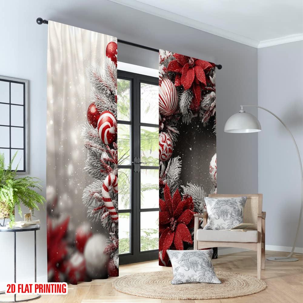2pcs 2D flat printing High-Quality Christmas Curtains Christmas Wreath Snowflakes Ornaments Digital Printed Polyester Drapes