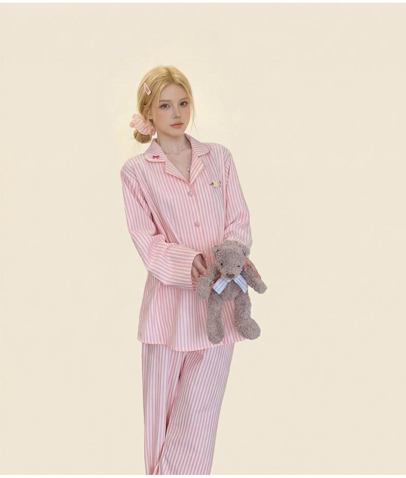 1011 new pure cotton pajamas women's spring and autumn long-sleeved loose striped suit women's cartoon loungewear can be worn outside