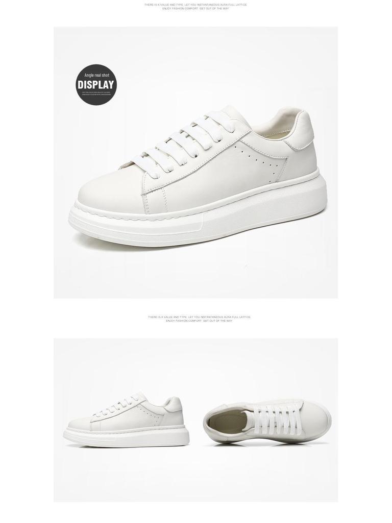 Hvite Herresneakers i Ekte Skinn, Lei Jun-stil: Lav topp, tykk såle, allsidig for jobb og sport.