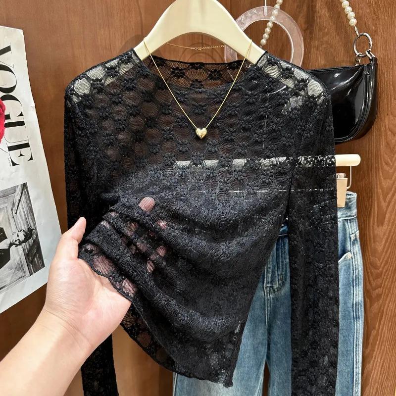 Lace Mesh Sun Protection Blouse T-shirt for Women Autumn New Style Hollow Suspender Top Bottoming Shirt