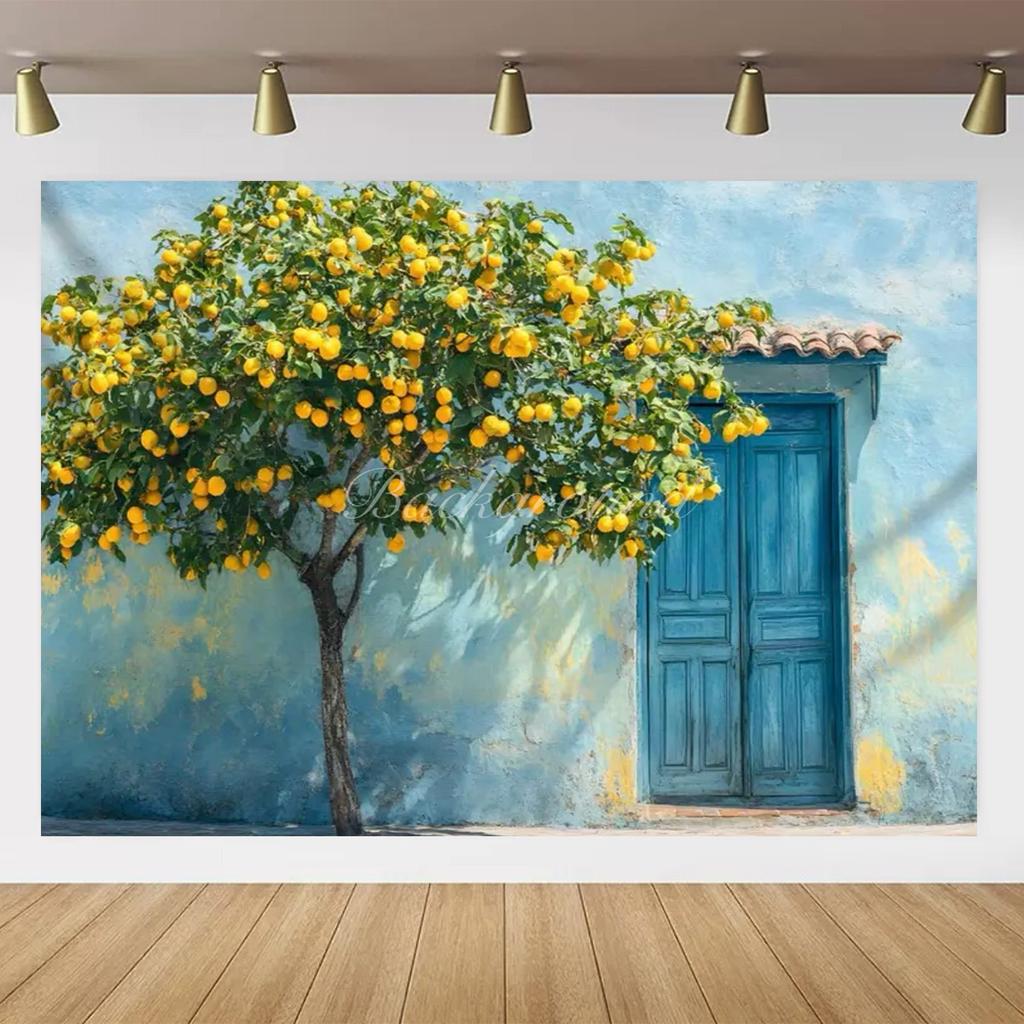 Banner Background with Lemon Tree Harvest Theme and Mediterranean Landscape Garden, Anniversary Room Decoration, Photo Backdrop