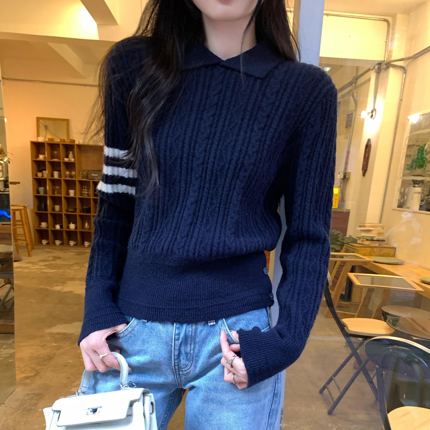 European Dark Blue Striped Lapel Sweater for Women - Spring/Autumn 2026 Cable Knit Top Medium темно-синий