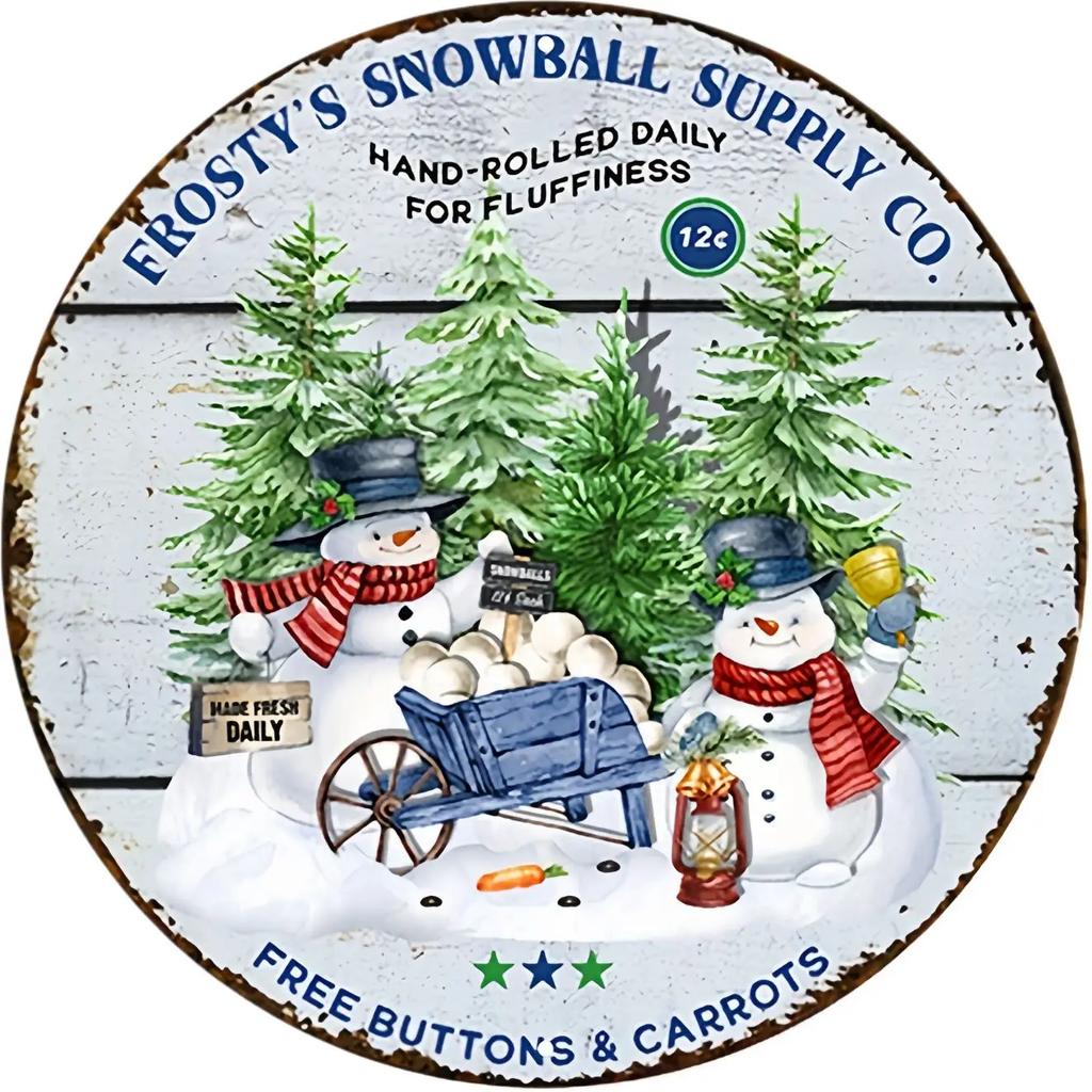 Round Metal Tin Sign Art Painting Wreath Decorative Plates Cartoon Snowman Christmas Poster for Home Garden Garage Wall Decor