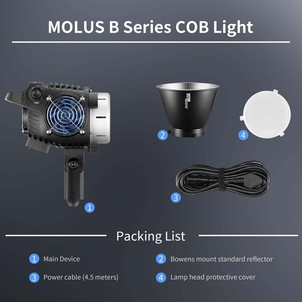 Flagship ZHIYUN MOLUS B200 200W LED Video COB Photography Lighting Compact Body with Bowens Mount [Official Store] Light, Bi-Color Light,