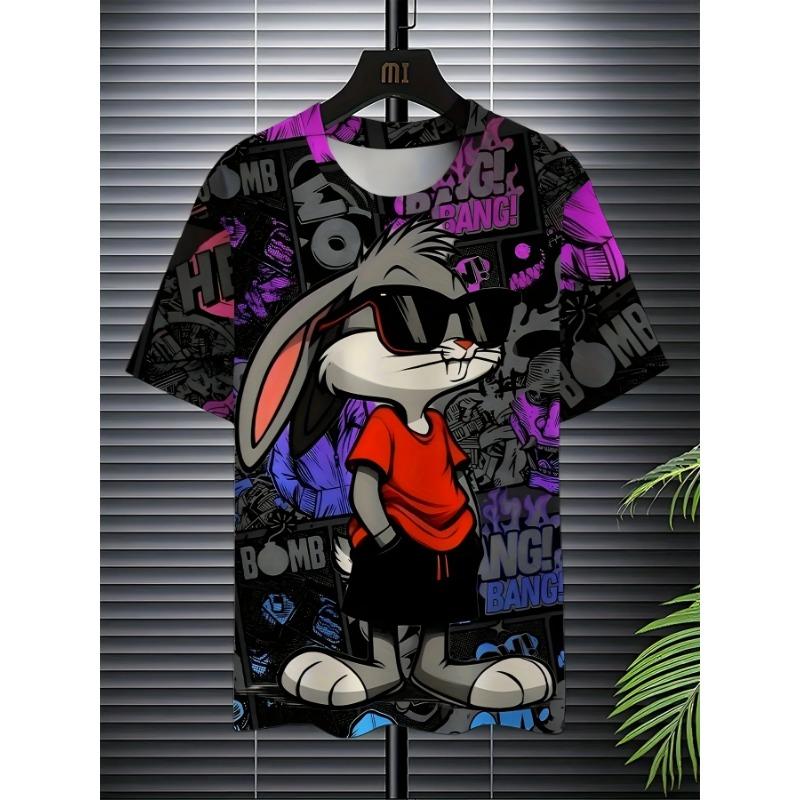 Neues Brillen tragendes Cartoon-Kaninchen Herren-T-Shirt Mode Tier- und Cartoon-Print-Design Rundhals Lässig Sport Herrenbekleidung