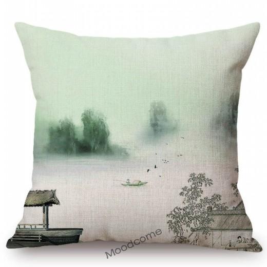 Traditional Chinese Ink Oil Painting Mountain Scenery Cotton Linen Sofa Throw Pillow Case Home Decoration Car Cushion Cover Case