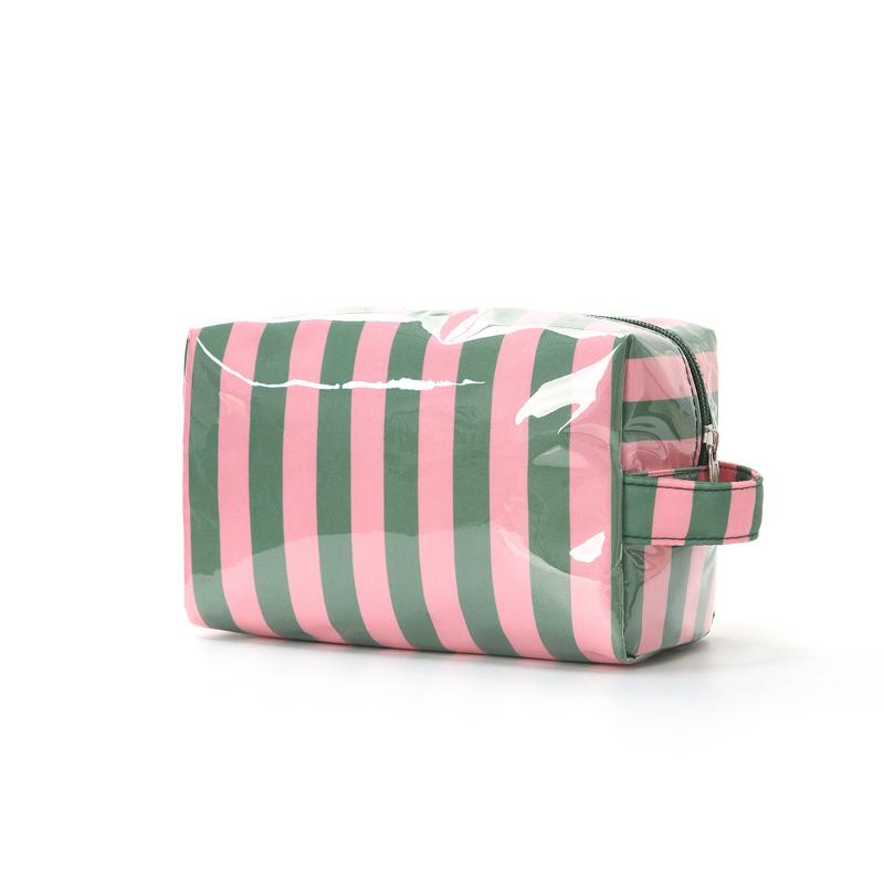 Trendy Pink Stripe Makeup Bag Large Capacity for Lipsticks in Travel Handbag Scenario