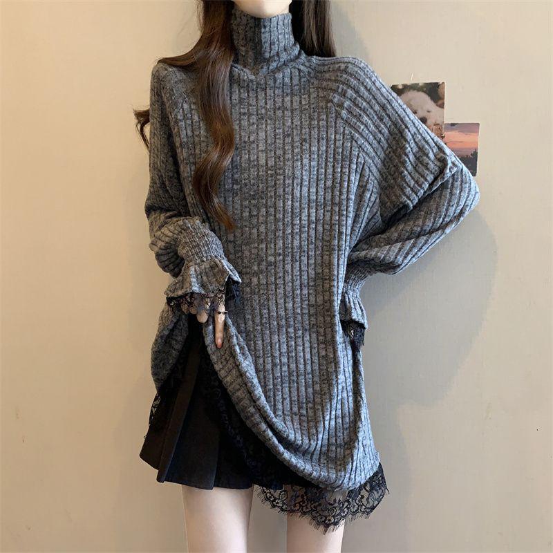 Women's Plus Size Retro Lace High-Neck Sequin Sweater - Autumn/Winter Hip-Length Base Layer