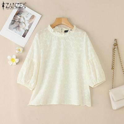 Women Casual Round Neck 3/4 Sleeve Loose Patchwork Cover Up Blouse