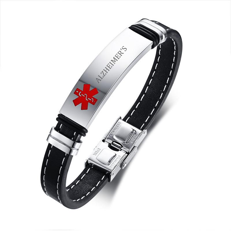 Men  Black Leather Medical Alert Bracelet with Carving Disease