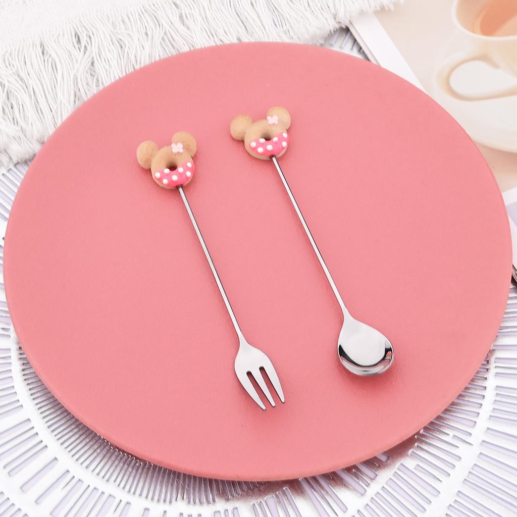 Cute Donut Mickey Ear Dessert Cutlery Set 2Pcs, Stainless Steel Long Handle Dessert Fork & Spoon for Cake Ice Cream Coffee, Kawaii Tableware Gift