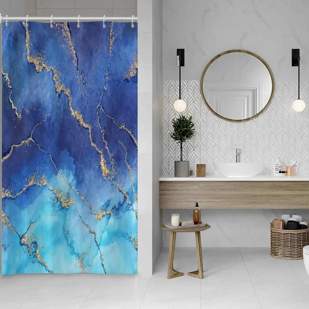 Blue Shower Curtain, Marble Shower Curtain for Bathroom Stall RV Watercolor Abstract Waterproof Fabric Shower Curtain Set
