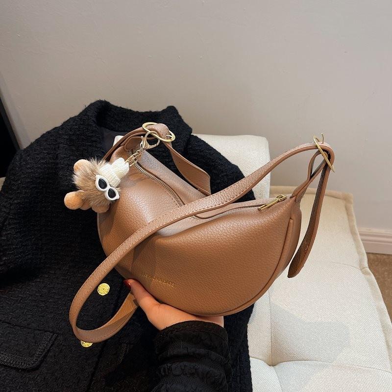 

Trendy Small Shoulder Bag For Women In Black Khaki Brown And Cream With Decorative Charm Khaki with Pendant
