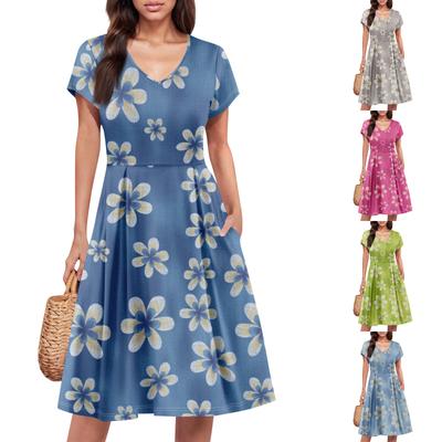 Womens Summer Dress Short Sleeve V Neck Short Dresses Fashion Casual Flowy A Line Swing Sundress With Pocket