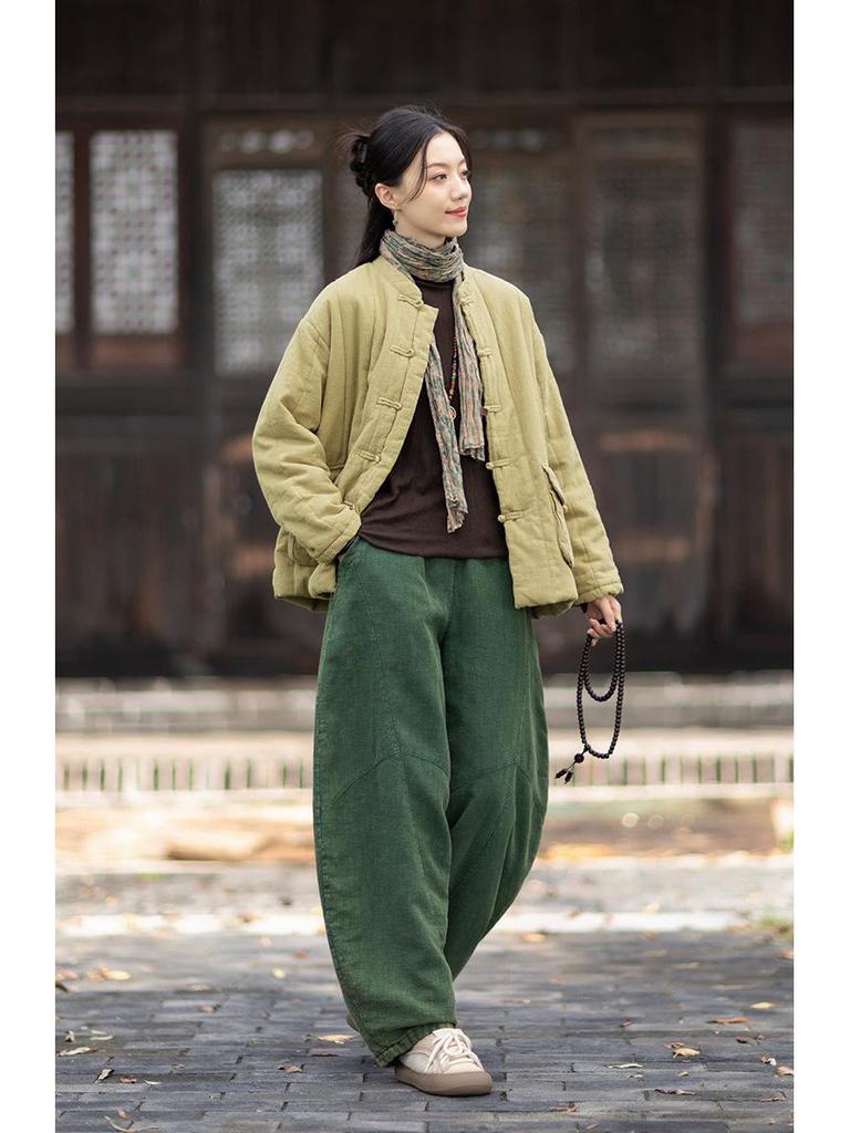 Silent Recitation: Women's Retro Quilted Vertical Stripe Cotton Jacket with Stand-up Collar and Frog Buttons