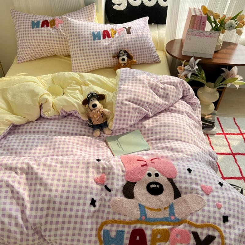 Cloud Pure Cotton Quilt Cover Bed Sheet Embroidery Four-piece Set Cartoon Puppy Skin-friendly Breathable Bed Sheet Bedding