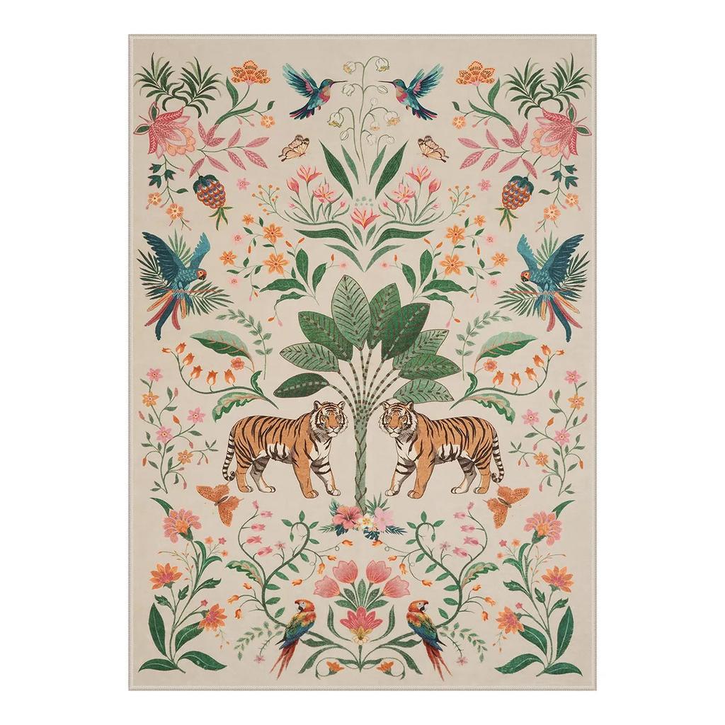 Modern Living Room Washable Jungle Tropical Tiger Beige Rug Bedroom Bohemian Style Animal Plant Carpet Retro Home Decoration Rug
