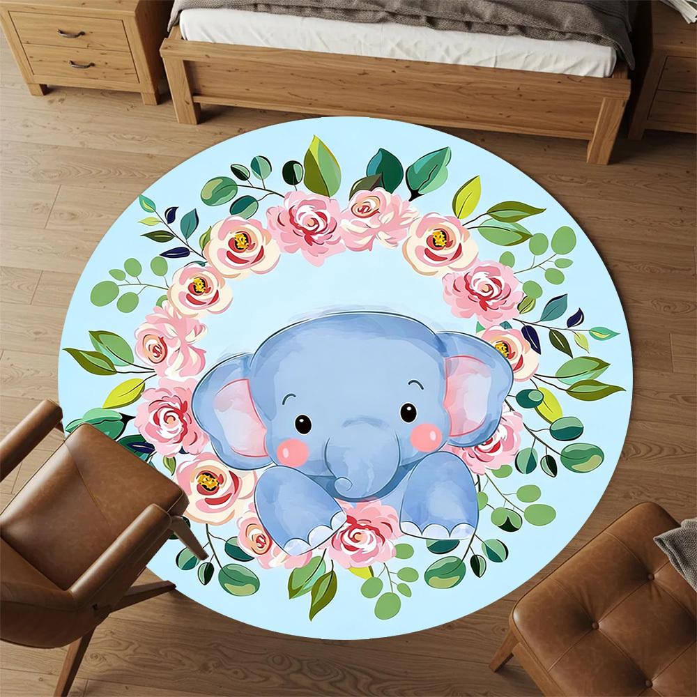 1pc Elephant Flowers Round Chair Mat Office Area Rug - Non-Slip, Floor Mat for Office, Bedroom, and Indoor Decor P127287