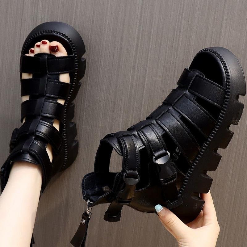 Soft leather sandals women's 2025 summer new muffin thick-soled Roman sandals Gaobang hollow open-toed women's sandals versatile
