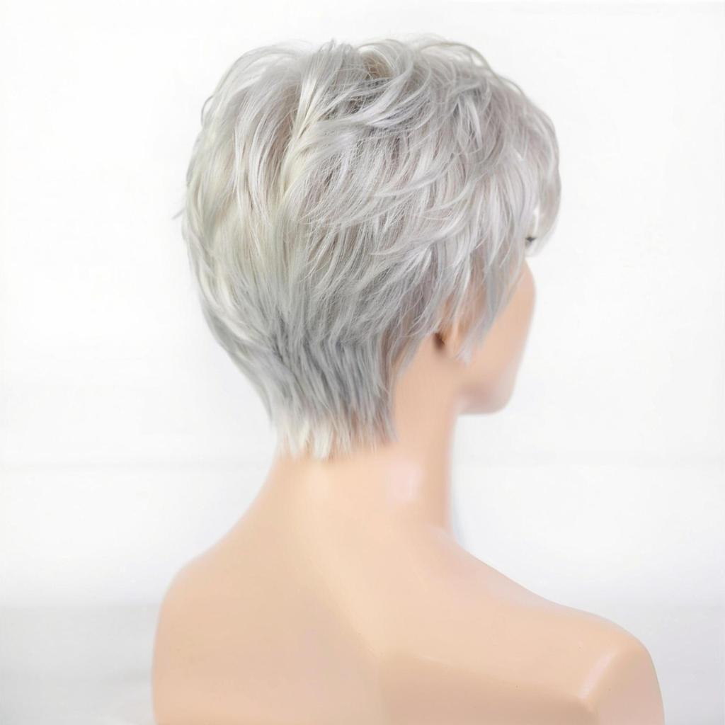 Elderly Women's Daily Wig, Silver Gray Short Pixie Cut with Wispy Bangs High-Temperature Fiber Synthetic Hairpiece