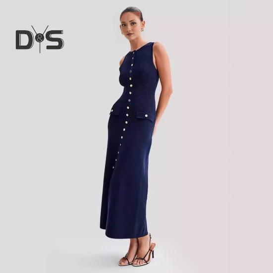 Letní dámské šaty Pletené pouzdro Slim Fit Jednobarevné Kulatý výstřih Elastické Bez rukávů Jednořadové knoflíky Délka do půli lýtek Midi šaty