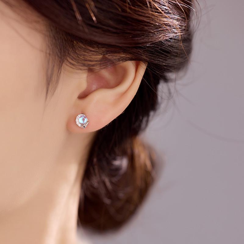 Boucles d'oreilles en argent S925 Pierre de lune pour femmes – Design étoile et lune