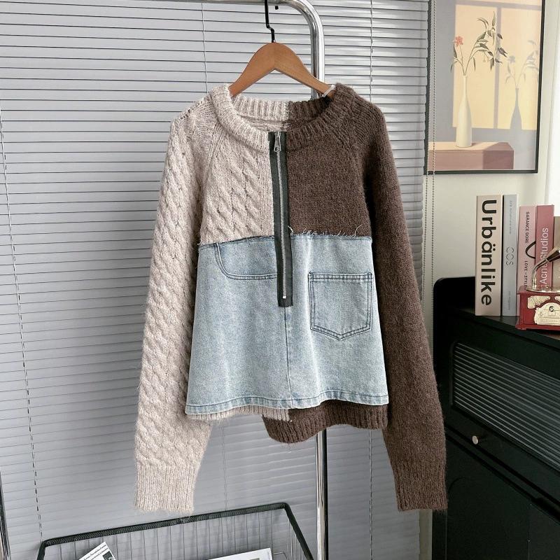 

DIMANAF 2025 Осенняя куртка Женские свитера Пальто Лоскутное ватное пальто Вязание Карманы Свитер One Size коричневый