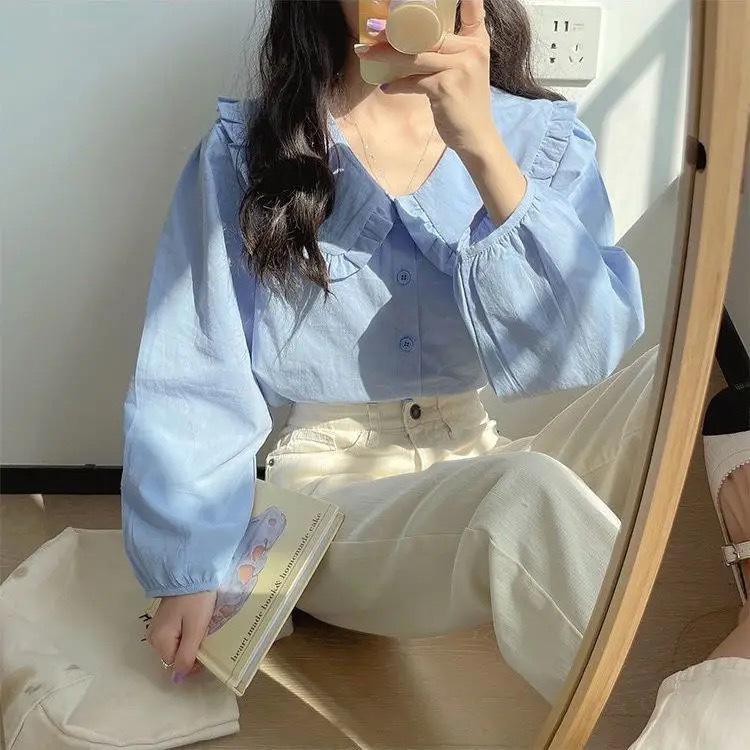 

Women s Yellow Milk Long-Sleeve Shirt, French Retro Doll Collar, Chic Spring/Autumn Design, Sweet and Niche Style. Extra Large синий