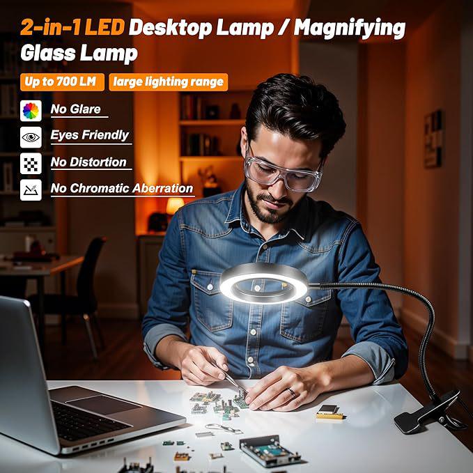 LED Beauty Magnifier Lamp for Nails & Microblading - Flicker-Free, Dimmable, Eye Protection, Three-Color Options
