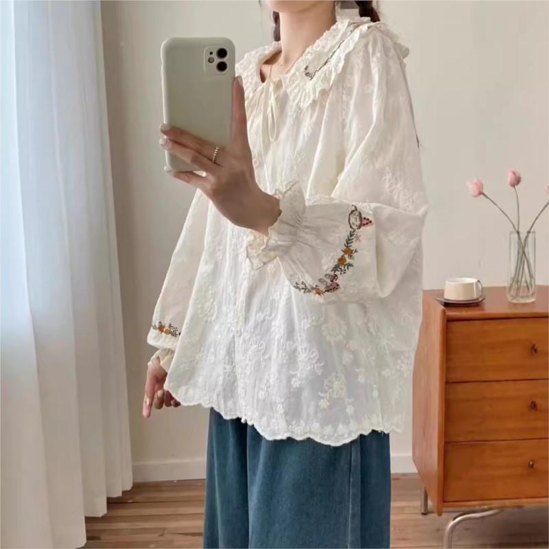 Johnature Embroidery Lace Doll Collar Shirt Women Spring Autumn Loose Casual Tie Tops