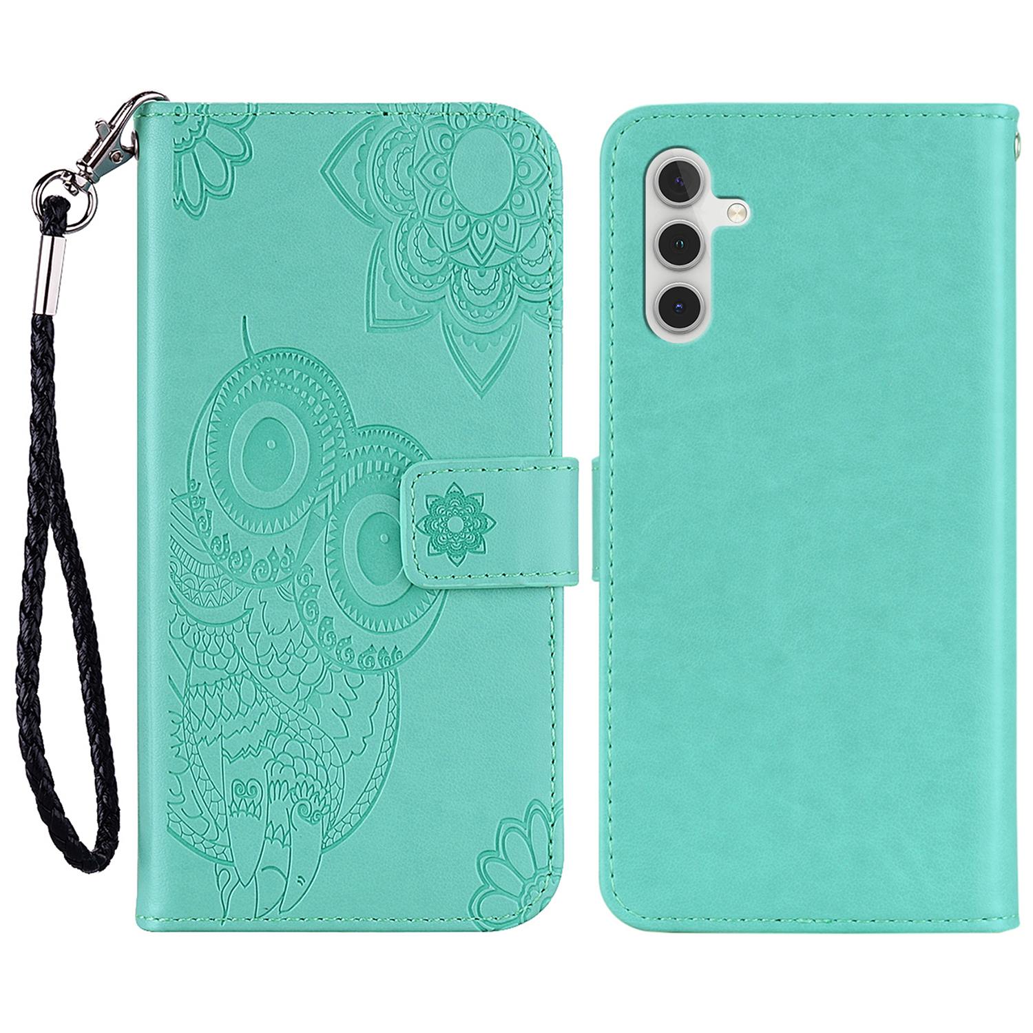 

For Samsung Galaxy A55 5G Leather Case Wallet Phone Cover Owl Pattern Imprinted Cyan