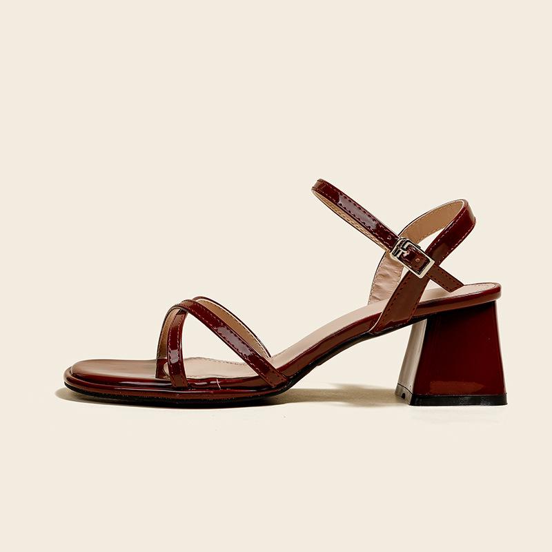 Cross Strap Chunky Heel Open Toe Backless Summer Sandals for Women 33 вино красного