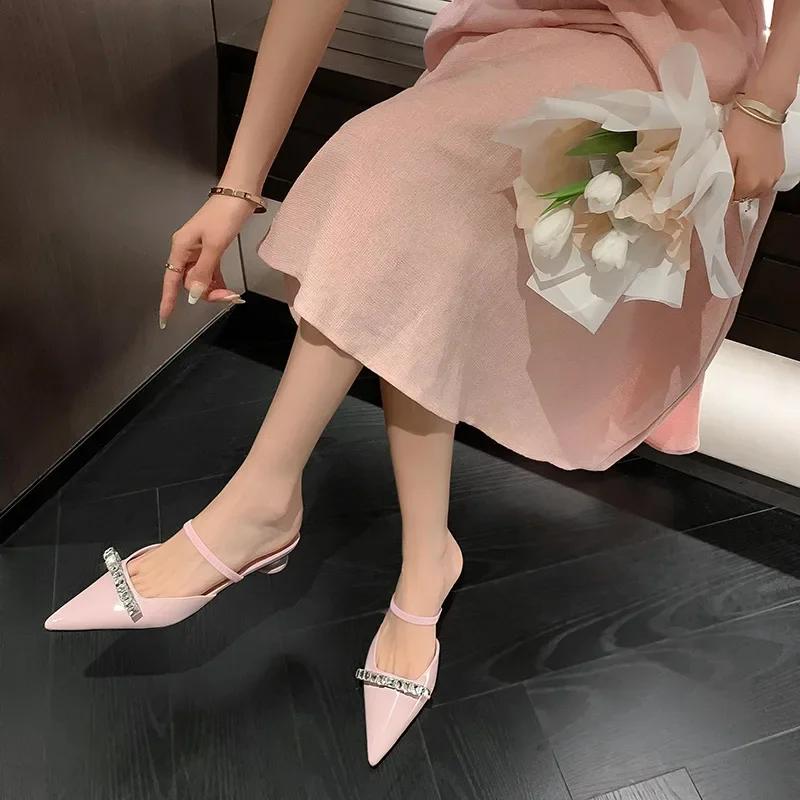 Women Patent Pink Slippers Spring Summer Flats  New Pointed Toe Dress Shoes Designer Elegant Shallow Party Zapatillas Mujer