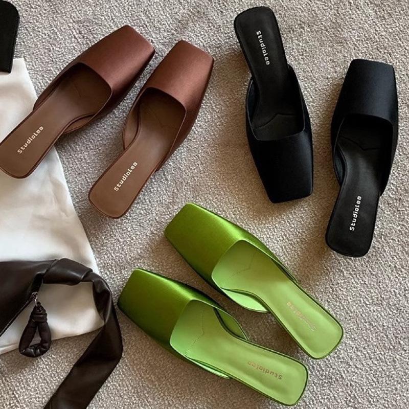 Shoes Square Head Light Mouth Silk Satin Triangle Heel Cool Slippers Women