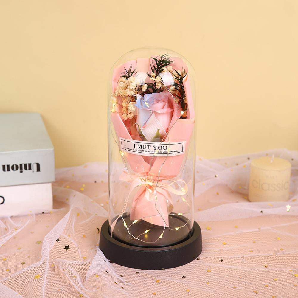 Qixi Festival Valentine's Day Gift Glass Cover Immortal Rose Soap Flower for Boyfriend and Girlfriend Exquisite Ornament