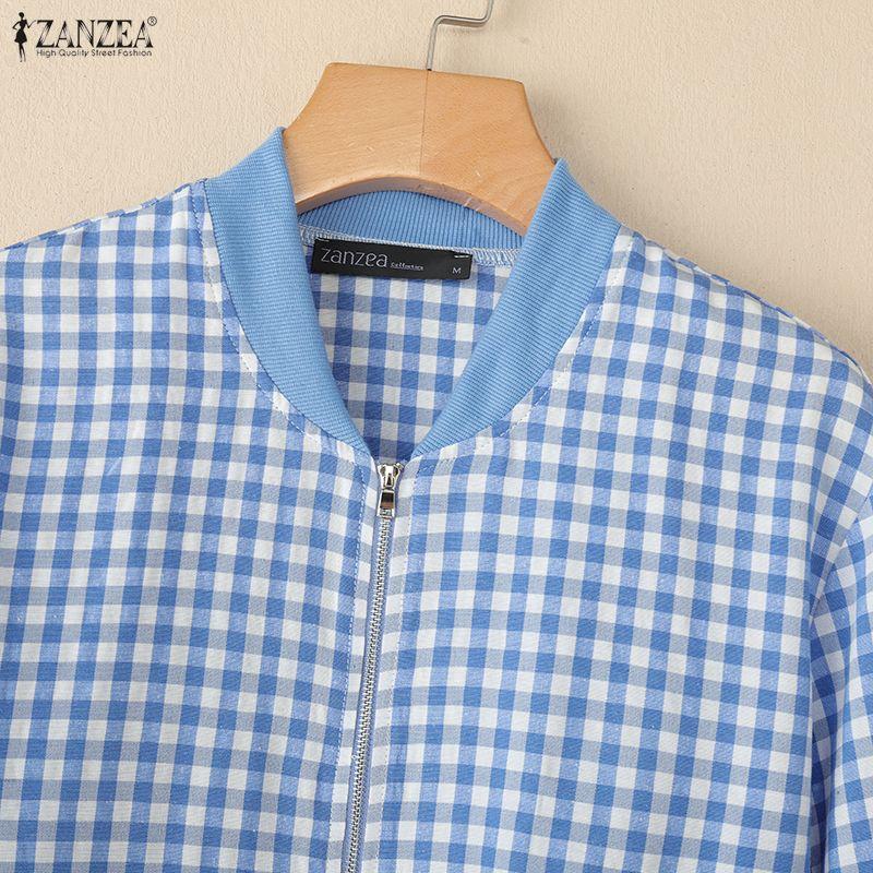 ZANZEA Women Casual Round Neck Long Sleeve Plaid Print Zipper Blouse