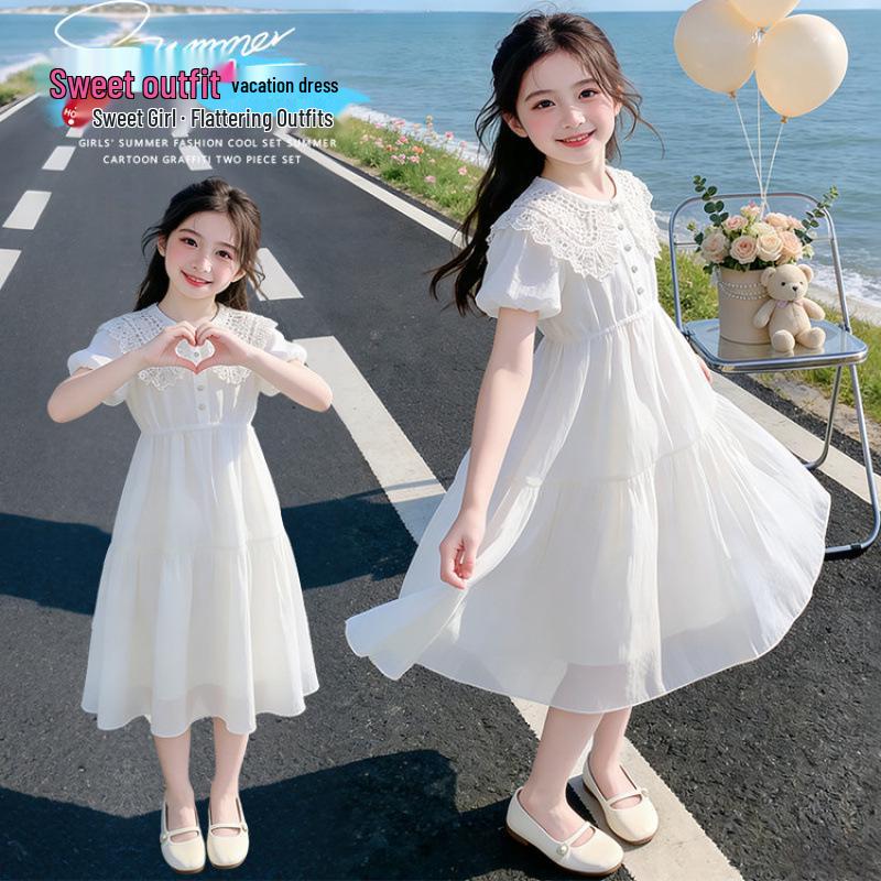 Girls' Summer White Princess Dress with Fairy Doll Collar