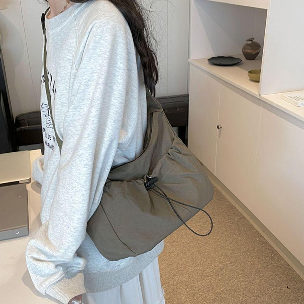 Adjustable Shoulder Straps Drawstring Bucket Bag Solid Color Canvas Crossbody Bag  Student