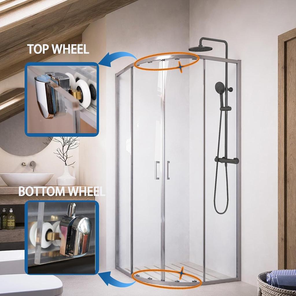 Shower Door Wheels, 8 Pcs Curved Shower Door Rollers, 23mm Replacement Shower Door Wheels with Anti-Collision Block and Screws