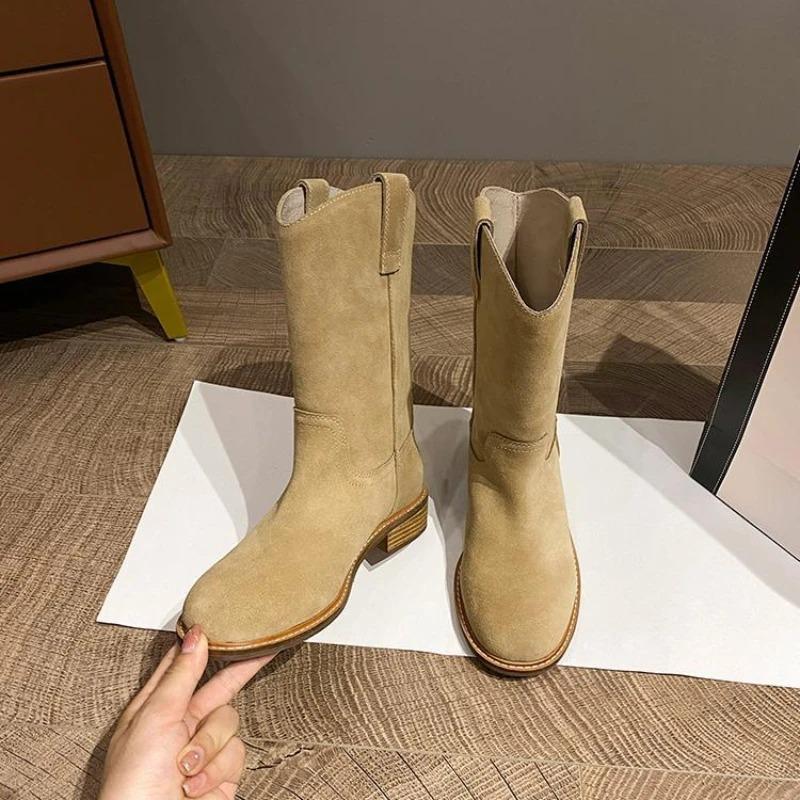 Fashion Footwear Denim Ladies Boots Middle Heel Shoes for Women Half High Cowgirl Mid Calf Cowboy New Rock In On Promotion Fashion 2025