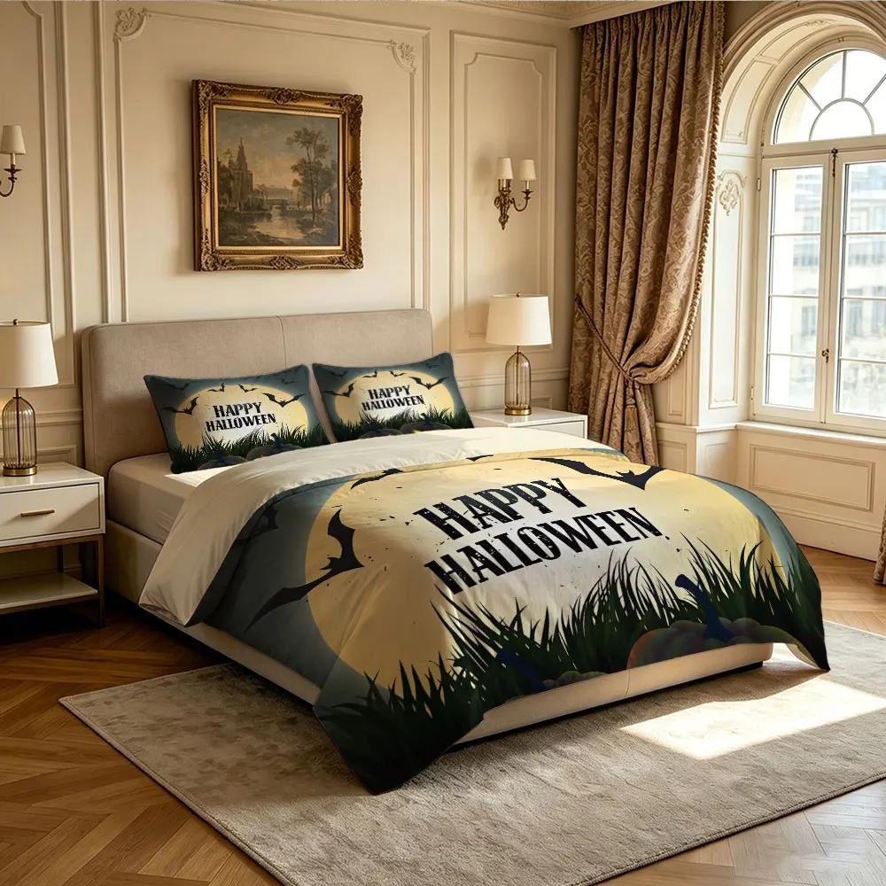 3PCS Pumpkin Bat Moon Night Happy Halloween Bedding Set with Coreless Soft Bedding Decorative and Machine-Washable