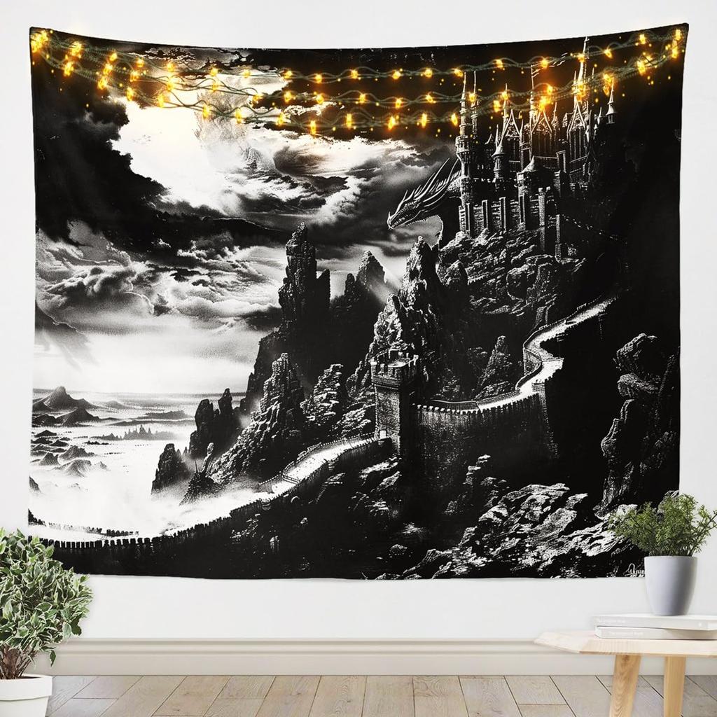 Black and White Vintage Dragon Tapestries Fantasy Castle Tapestry,Dark Sky Mythical Animal Hanging Wall Art Antique Prehistoric