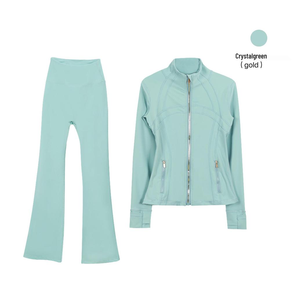 In Stock: Women's Gold Jacket & Flare Pants - High Stretch, Slimming Sports Yoga Set