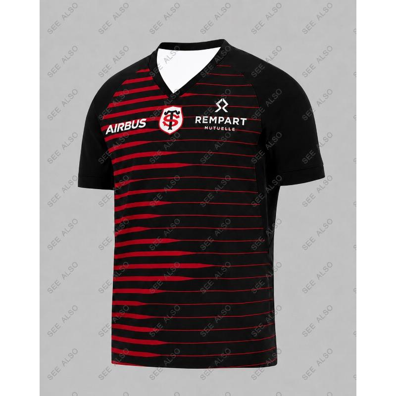 2026 Men Women Kids Stade Toulousain Home Rugby Jersey White Red V‑Neck Short Sleeve Sublimated Fan Sport Training Top Fan Gifts