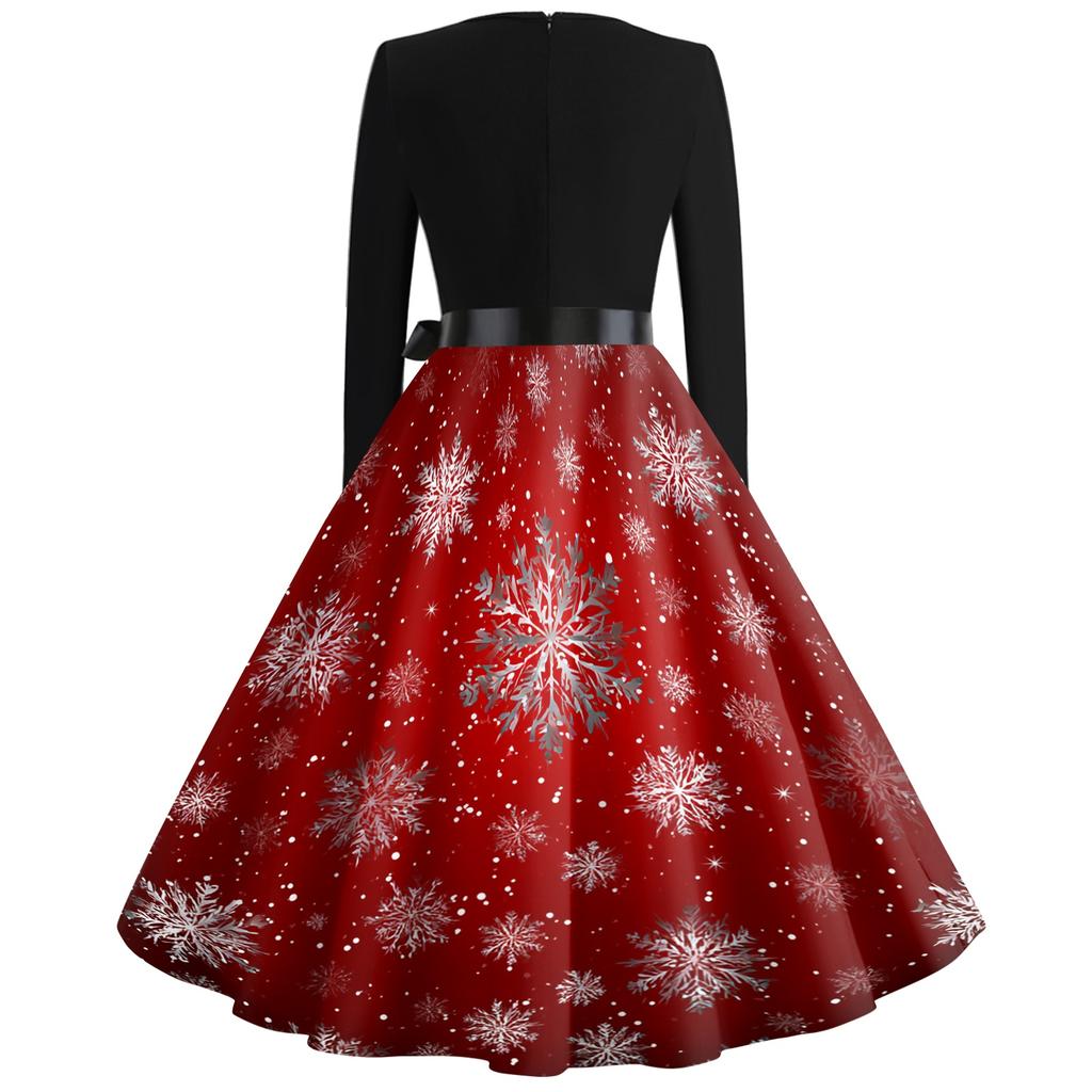 Women's Vintage V-Neck Christmas Print Casual Dress for Holiday Party