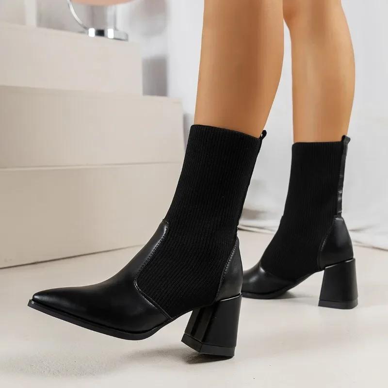 

Мода Новая Осень Зима Новые Ботильоны Обувь Женская Мода Большие Вязаные Короткие Ботинки Женские Слипоны Высокие Каблуки Женские Ботинки 42